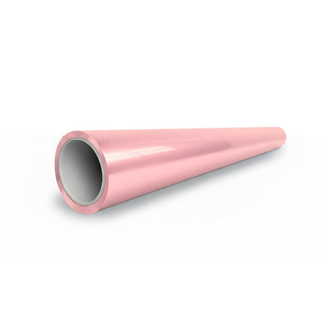 A Rouge Pink Glossy SelfRepair Nano-Coated PPF tube, shiny and cylindrical, tapers from a wide to narrow end with a sleek finish, resting on a white surface.