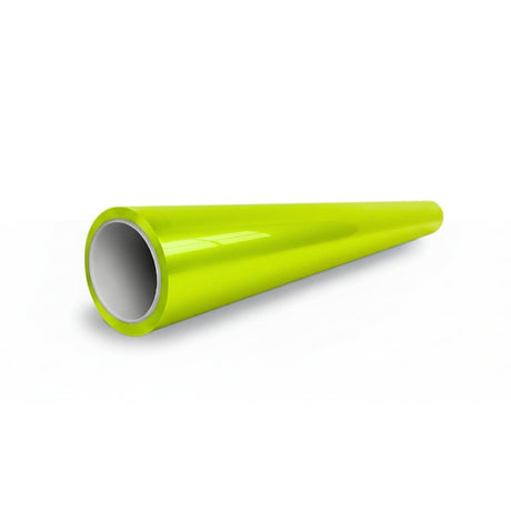 A shiny, lime-green São Paulo Glossy SelfRepair Nano-Coated PPF cone with a hollow center sits on a white surface, its glossy finish tapering from a wide opening to a narrow point.
