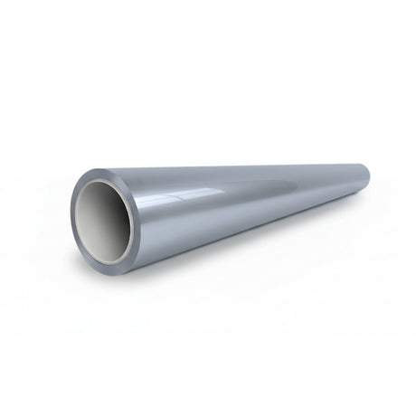 A smooth, metallic cylindrical pipe with a hollow interior lies horizontally on a white surface, its surface gleaming as if protected by Volcano Gray Glossy SelfRepair Nano-Coated PPF.