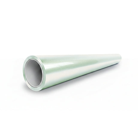 A shiny, light green cylindrical tube with a hollow center lies diagonally on a white background, resembling the White Diamond Green Glossy SelfRepair Nano-Coated PPF—a protective film with self-repairing nano technology. The wider end faces the viewer.