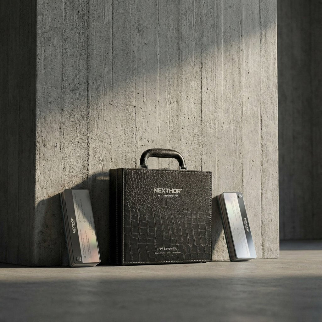 A black textured case labeled Nexthor PPF Sample Kit (All Colors) stands upright against a concrete pillar, with two rectangular metallic LED devices on the floor on either side. Sunlight casts soft shadows across the scene.