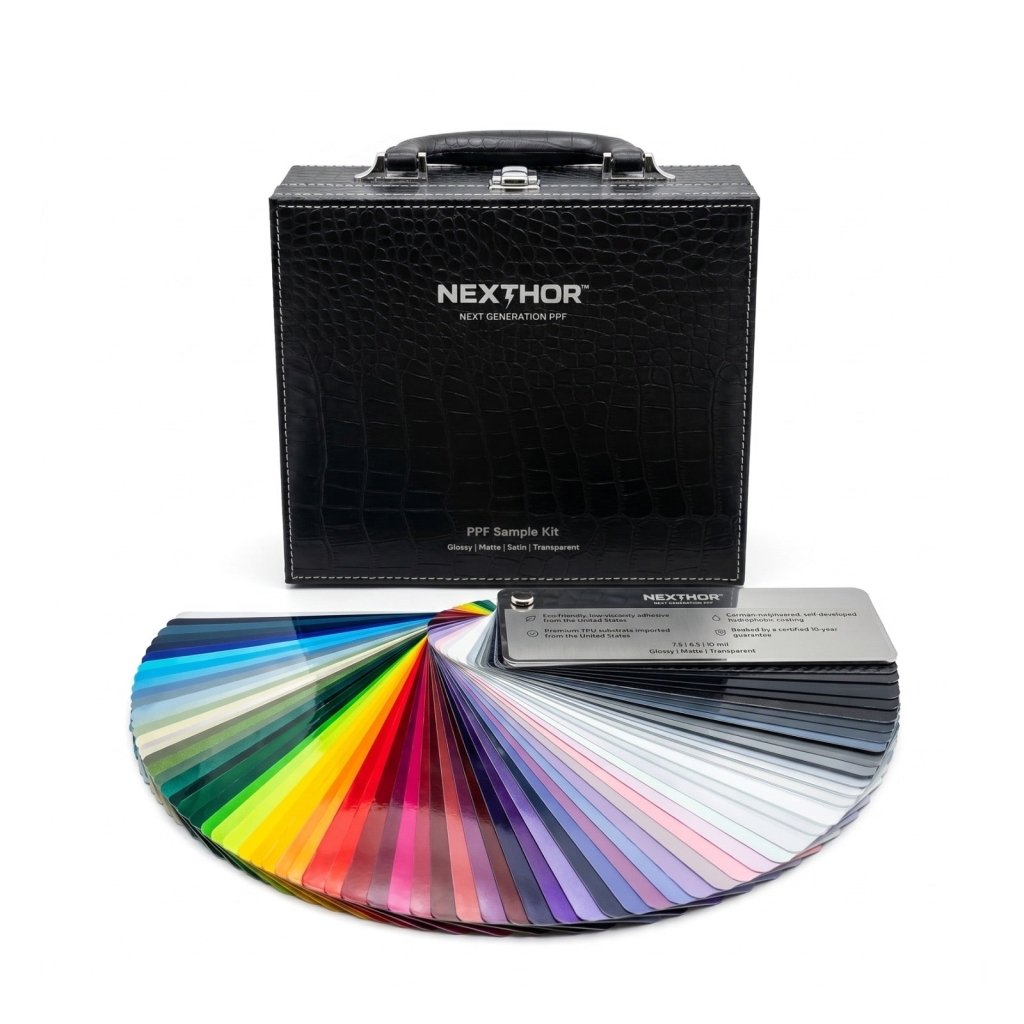 A black textured case labeled "Nexthor PPF Sample Kit (All Colors)" stands behind a fanned-out set of colorful sample cards, showcasing a wide variety of hues and finishes.