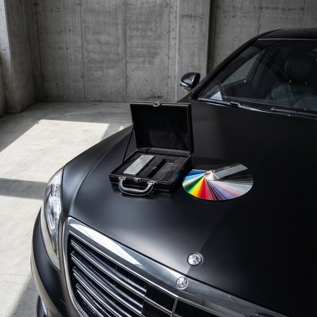 The Nexthor PPF Sample Kit (All Colors) is displayed on the matte black hood of a luxury car parked in a concrete garage, alongside a sleek black briefcase.
