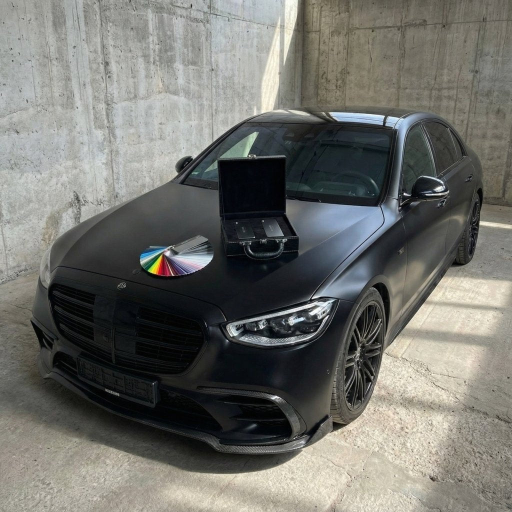 A black luxury sedan is parked indoors against concrete walls. On its hood sits a Nexthor PPF Sample Kit (All Colors) and an open laptop with a blank screen. Sunlight pours through the window, casting shadows on the car.
