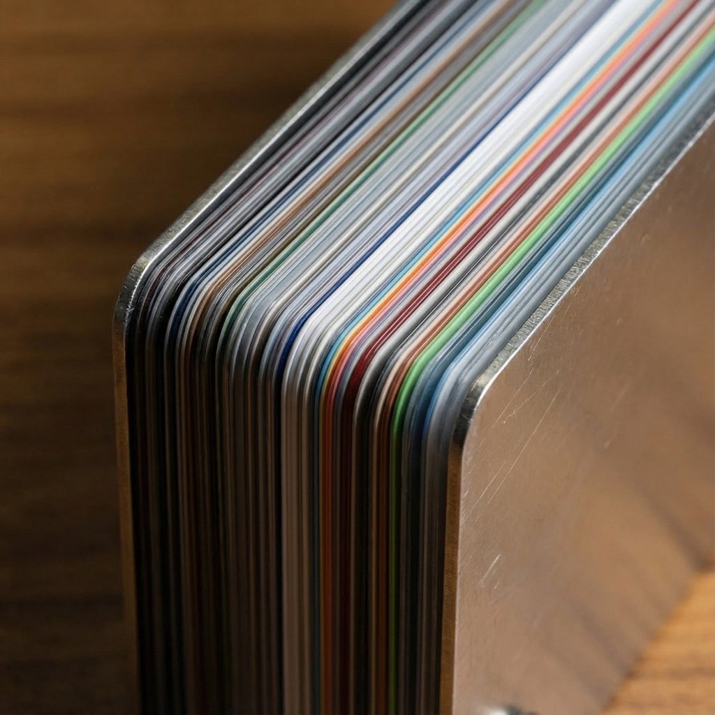 A close-up of the Nexthor PPF Sample Kit (All Colors) shows neatly aligned, colorful plastic cards with visible metal edges, resting on a wooden surface.