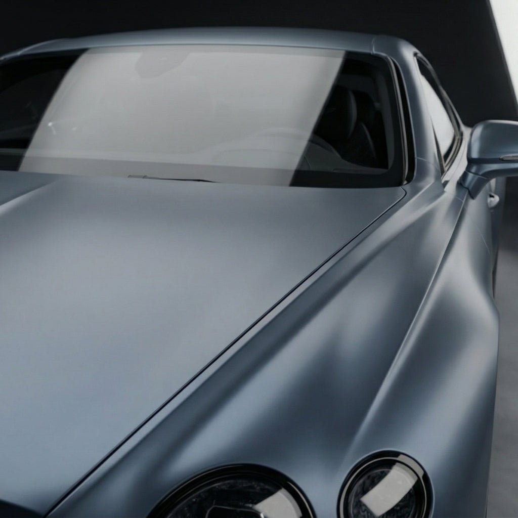 A car with a striking Satin Titanium Ice matte finish is parked indoors, its surface safeguarded by the advanced Satin Titanium Ice SelfRepair Nano-Coated PPF.