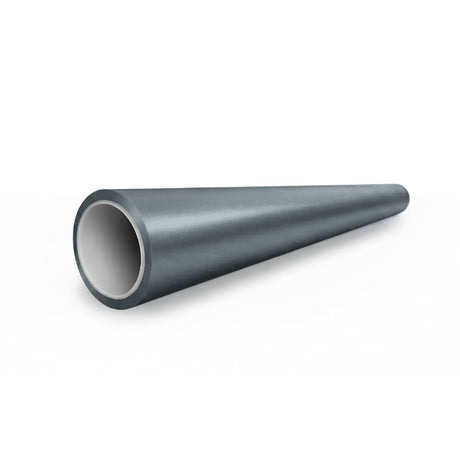 A gray, hollow, tapered cylindrical pipe in Satin Titanium Ice SelfRepair Nano-Coated PPF finish featuring samoregeneračná technológia rests on a white background.