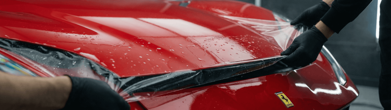 Two people wearing black gloves apply a protective clear film to the shiny red hood of a sports car with a Ferrari emblem, under bright indoor lighting.