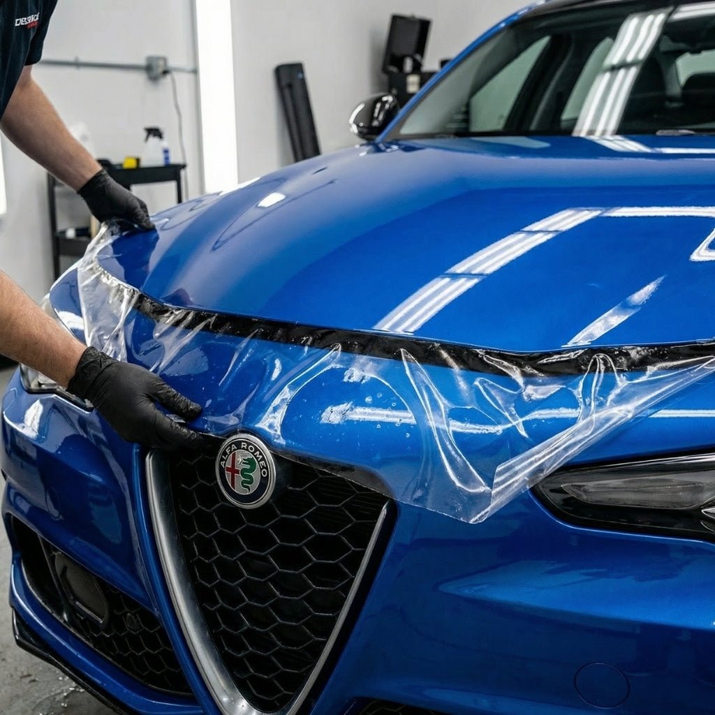 Wearing black gloves, a person applies Transparent Glossy SelfRepair Nano-Coated PPF to the hood of a blue Alfa Romeo in a well-lit garage, providing invisible car protection.