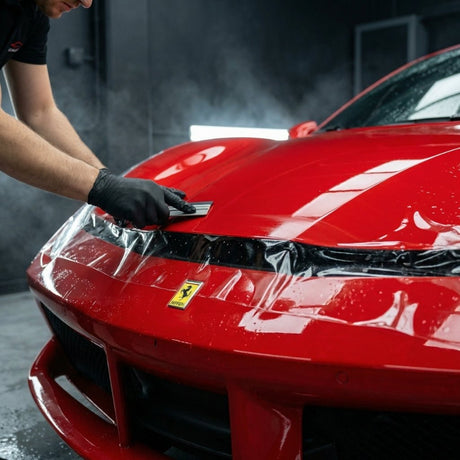 A person wearing black gloves applies Transparent Glossy SelfRepair Nano-Coated PPF to the hood of a shiny red Ferrari sports car in a garage, with water droplets on the paintwork for invisible protection.