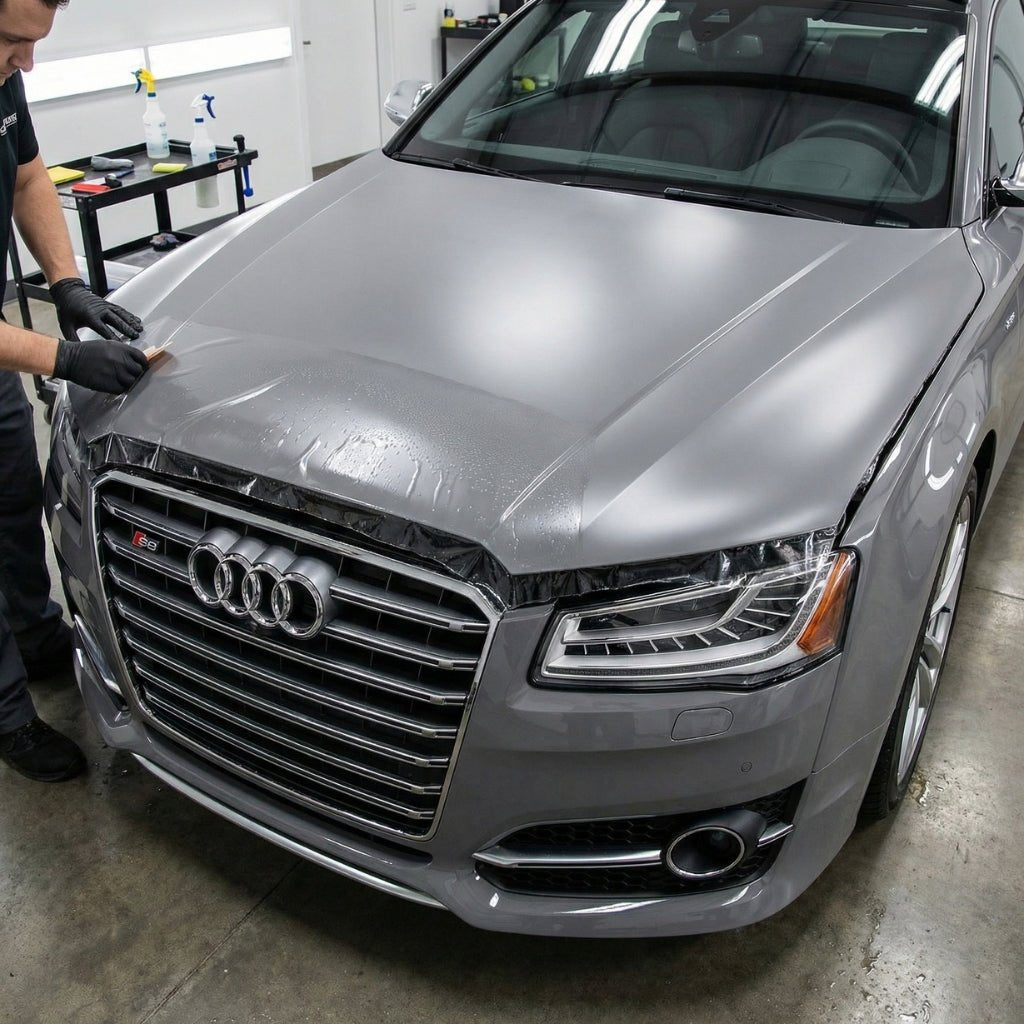 Inside a garage, a person uses a squeegee to apply Transparent Matte SelfRepair Nano-Coated PPF to the hood of a silver Audi S8, with cleaning supplies visible on a table in the background.