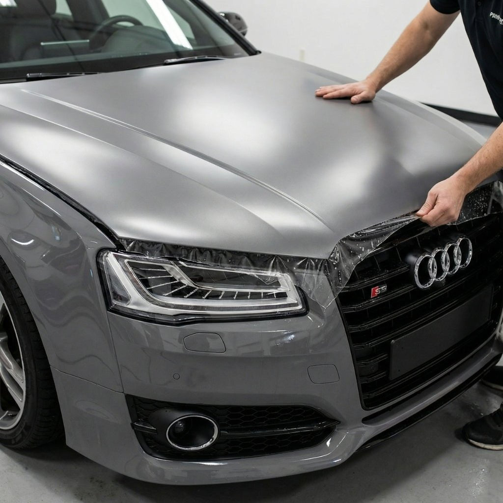 A person is applying Transparent Matte SelfRepair Nano-Coated PPF to the hood of a gray Audi S Series, partially covering the front headlight and grille.