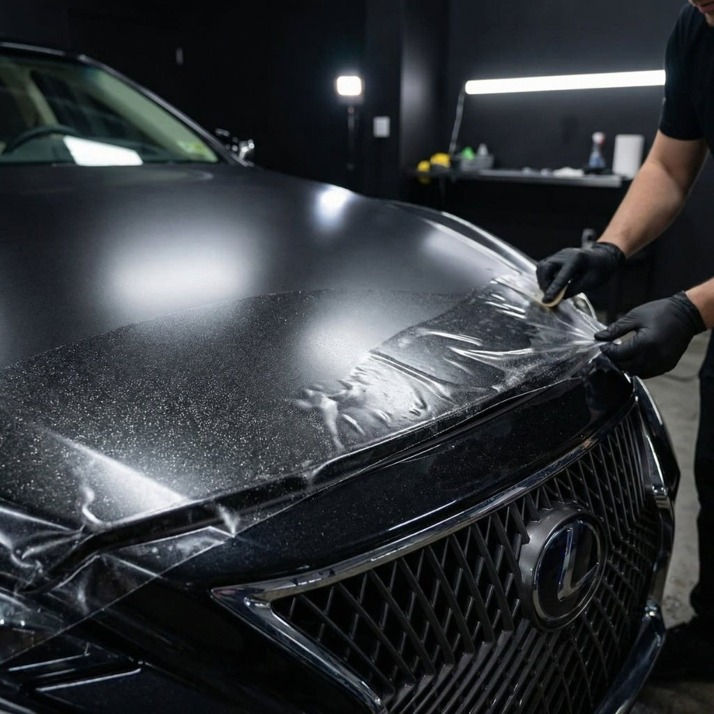 Wearing gloves, a person applies Transparent Matte Sparkle SelfRepair Nano-Coated PPF to the hood of a black Lexus in a well-lit garage or workshop.