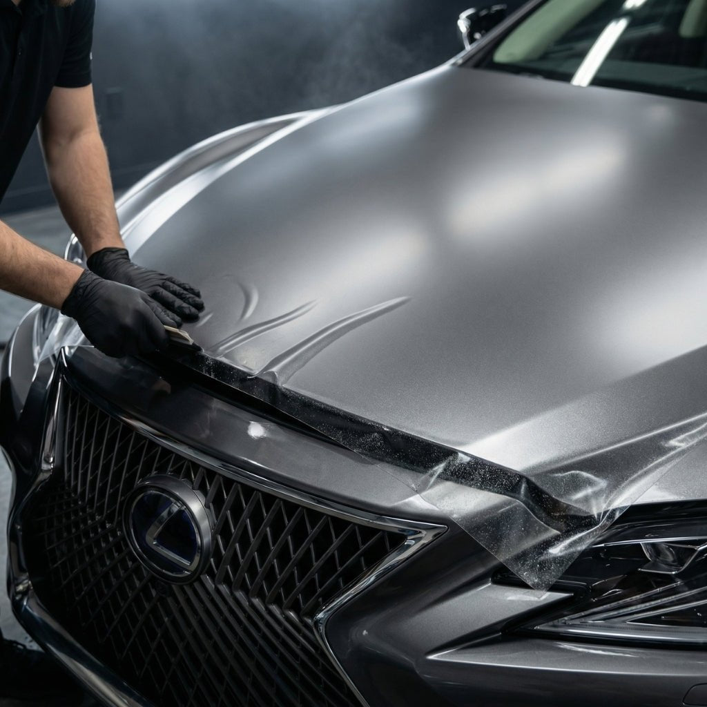 A person wearing black gloves applies a Transparent Matte Sparkle SelfRepair Nano-Coated PPF to the hood of a dark gray Lexus car in a well-lit garage.