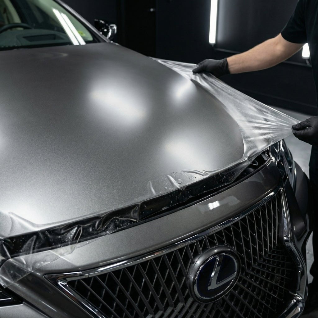 A person in black gloves applies Transparent Matte Sparkle SelfRepair Nano-Coated PPF to the hood of a silver Lexus in a well-lit garage, using self-healing nano technology for advanced paint protection.