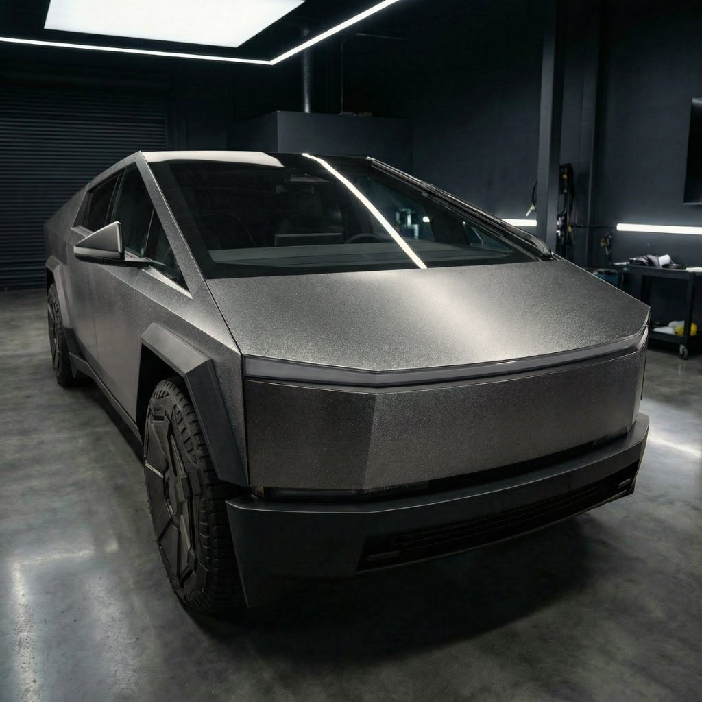 A futuristic, angular metallic electric truck with large tires is parked in a modern, dim garage, protected by Transparent Matte Sparkle SelfRepair Nano-Coated PPF—a self-healing nano technology film—on the polished concrete floor.