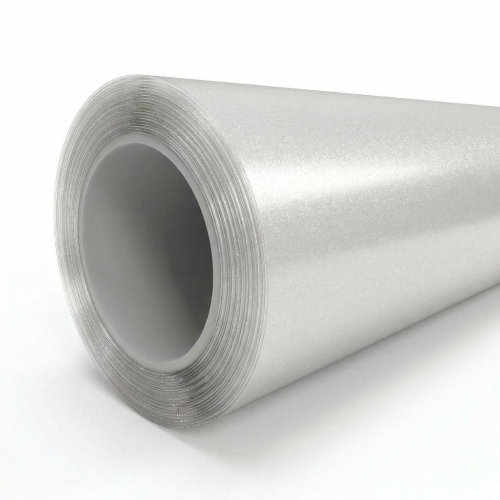 A close-up of a large roll of Transparent Matte Sparkle SelfRepair Nano-Coated PPF is displayed against a plain white background.