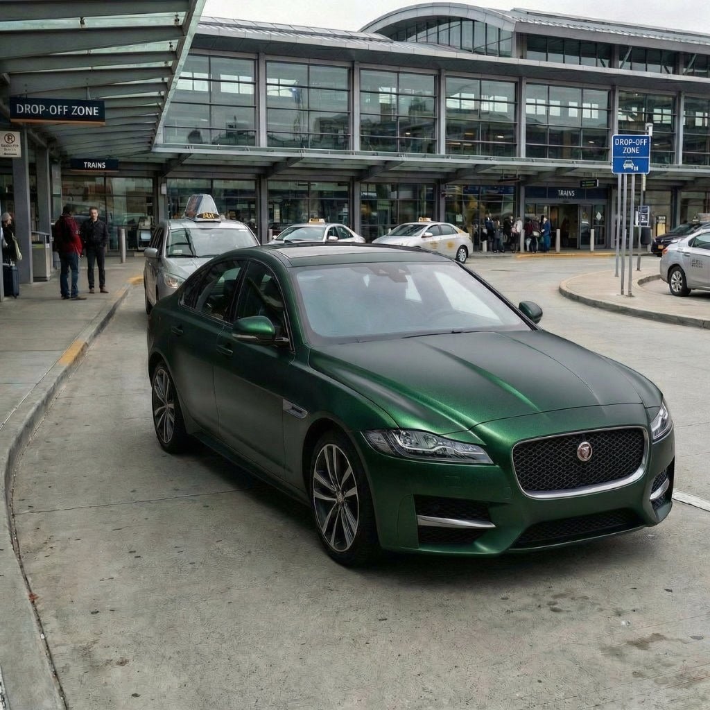 A Jaguar sedan wrapped in Deep Emerald Satin Self-Healing Nano-Coated PPF is parked at the airport drop-off zone, with taxis and people visible near the terminal entrance.