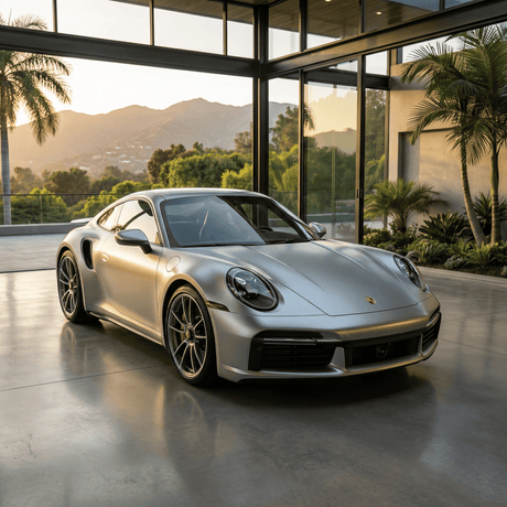 A silver Porsche, wrapped in Satin Liquid Metallic Silver SelfRepair Nano-Coated PPF, is parked in a modern open garage with glass doors. Palm trees, greenery, and distant hills are visible outside at sunset.