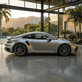 A silver sports car with Satin Liquid Metallic Silver SelfRepair Nano-Coated PPF is parked indoors on a polished floor, large windows reflecting palm trees and mountains at sunset, its finish shielded by this advanced protection film.
