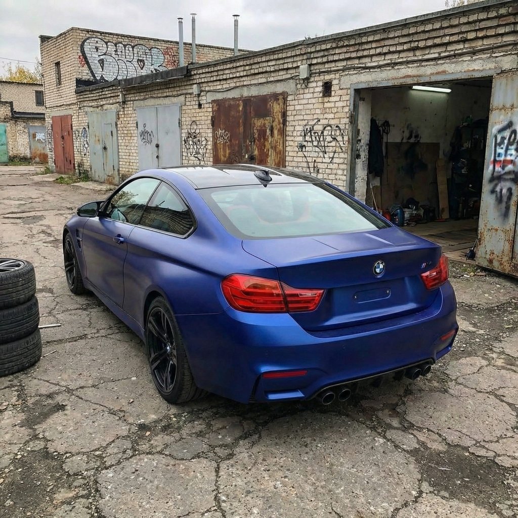 A matte blue BMW coupe with Satin Liquid Metallic Blue SelfRepair Nano-Coated PPF is parked in a cracked, weathered lot near old brick garages covered in graffiti, with stacked tires and an open door leading to a dimly lit workspace inside.