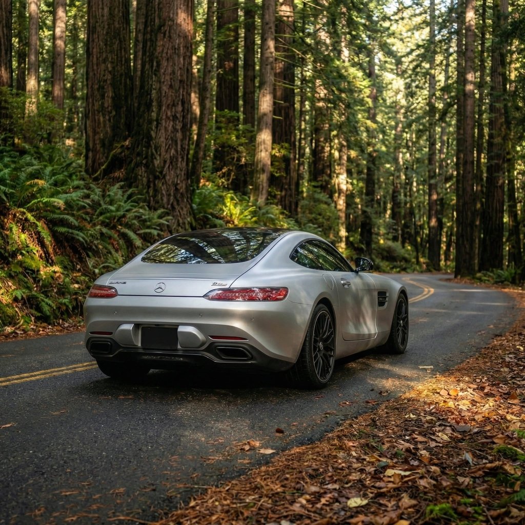 A silver sports car with Satin Aluminum Mercury SelfRepair Nano-Coated PPF glides along a winding forest road, sunlight streaming through tall trees. Fallen leaves cover the ground, while ochrana karosérie keeps its finish flawless.
