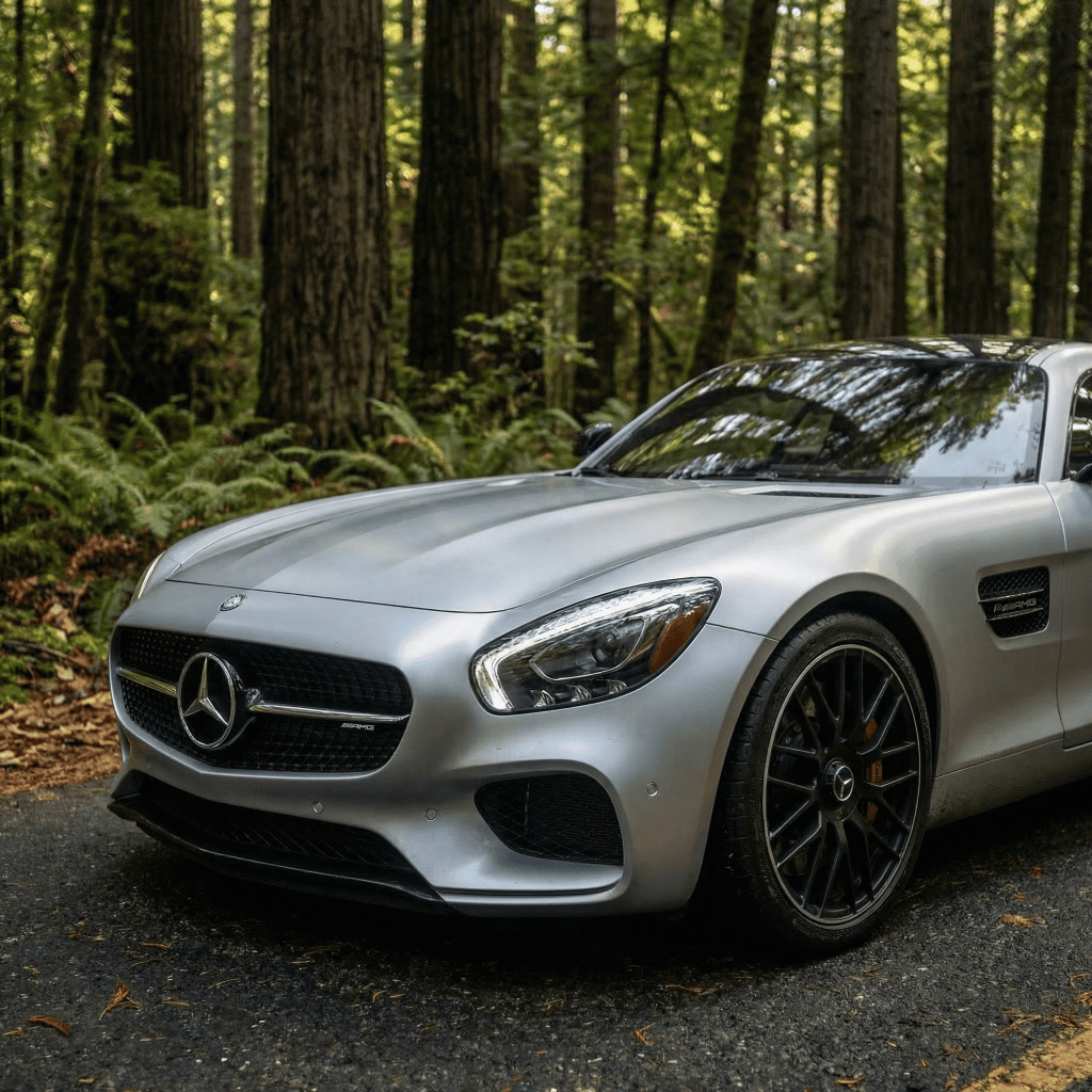 A silver Mercedes-Benz sports car with Satin Aluminum Mercury SelfRepair Nano-Coated PPF is parked on a forest road, its sleek design and black alloy wheels striking against the backdrop of tall trees and lush greenery.