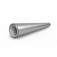 A metallic, hollow, cone-shaped pipe finished in Satin Aluminum Mercury SelfRepair Nano-Coated PPF lies on a white surface, its wide opening facing the viewer while the narrow end extends into the distance.