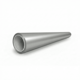 A metallic, hollow, cone-shaped pipe finished in Satin Aluminum Mercury SelfRepair Nano-Coated PPF lies on a white surface, its wide opening facing the viewer while the narrow end extends into the distance.