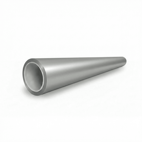 A metallic, hollow, cone-shaped pipe finished in Satin Aluminum Mercury SelfRepair Nano-Coated PPF lies on a white surface, its wide opening facing the viewer while the narrow end extends into the distance.