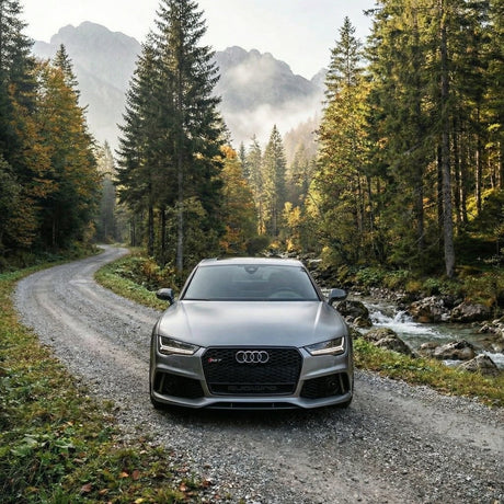 A silver Audi RS7 wrapped in Satin Liquid Metallic Gray SelfRepair Nano-Coated PPF is parked on a gravel road through a forest with tall trees and a stream, set against misty mountains—its sleek look elevated by advanced ochranná fólia na auto.