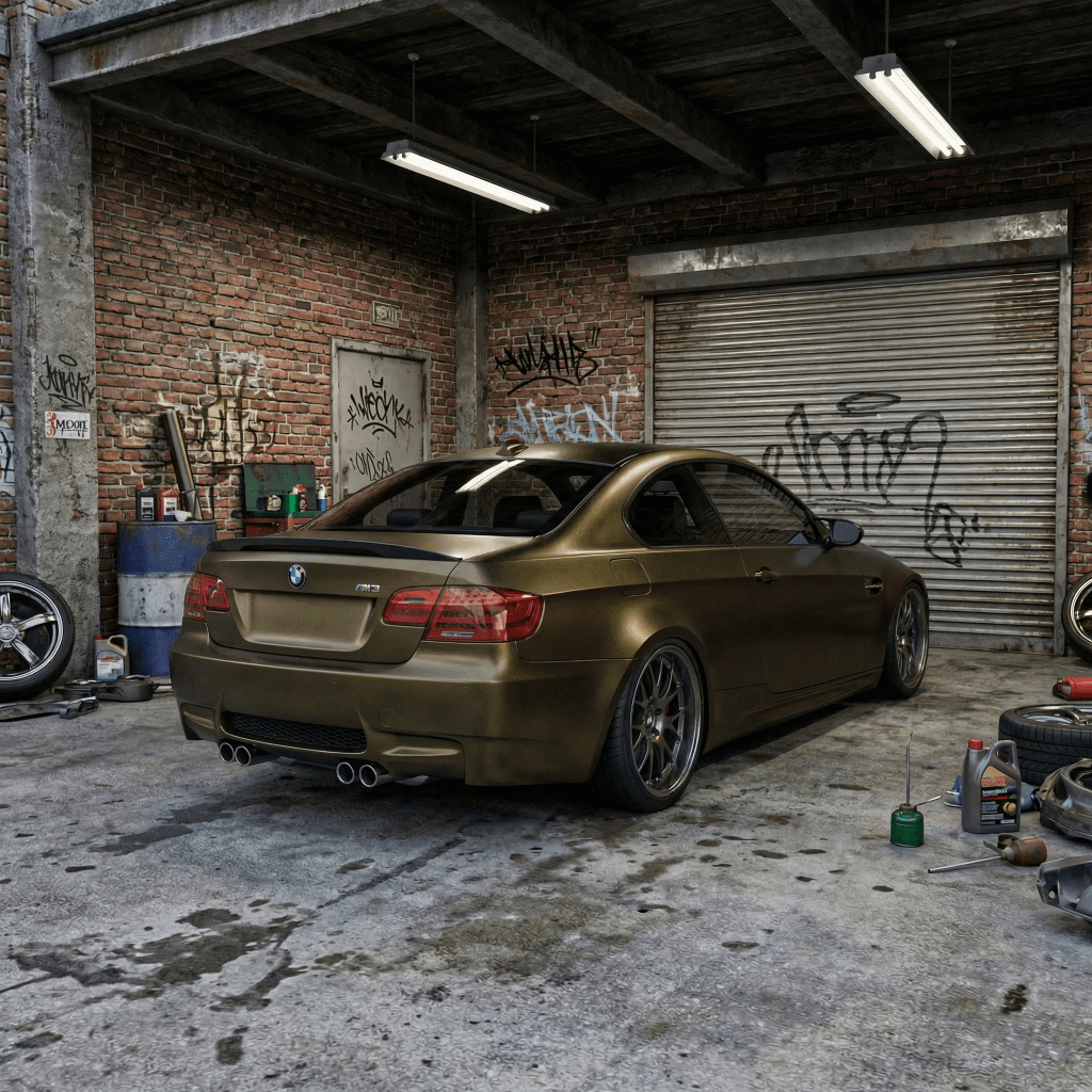 A BMW sports car wrapped in Satin Gold Green SelfRepair Nano-Coated PPF is parked in a gritty garage with graffiti walls, scattered tools, and tires on the concrete floor under flickering fluorescent lights.