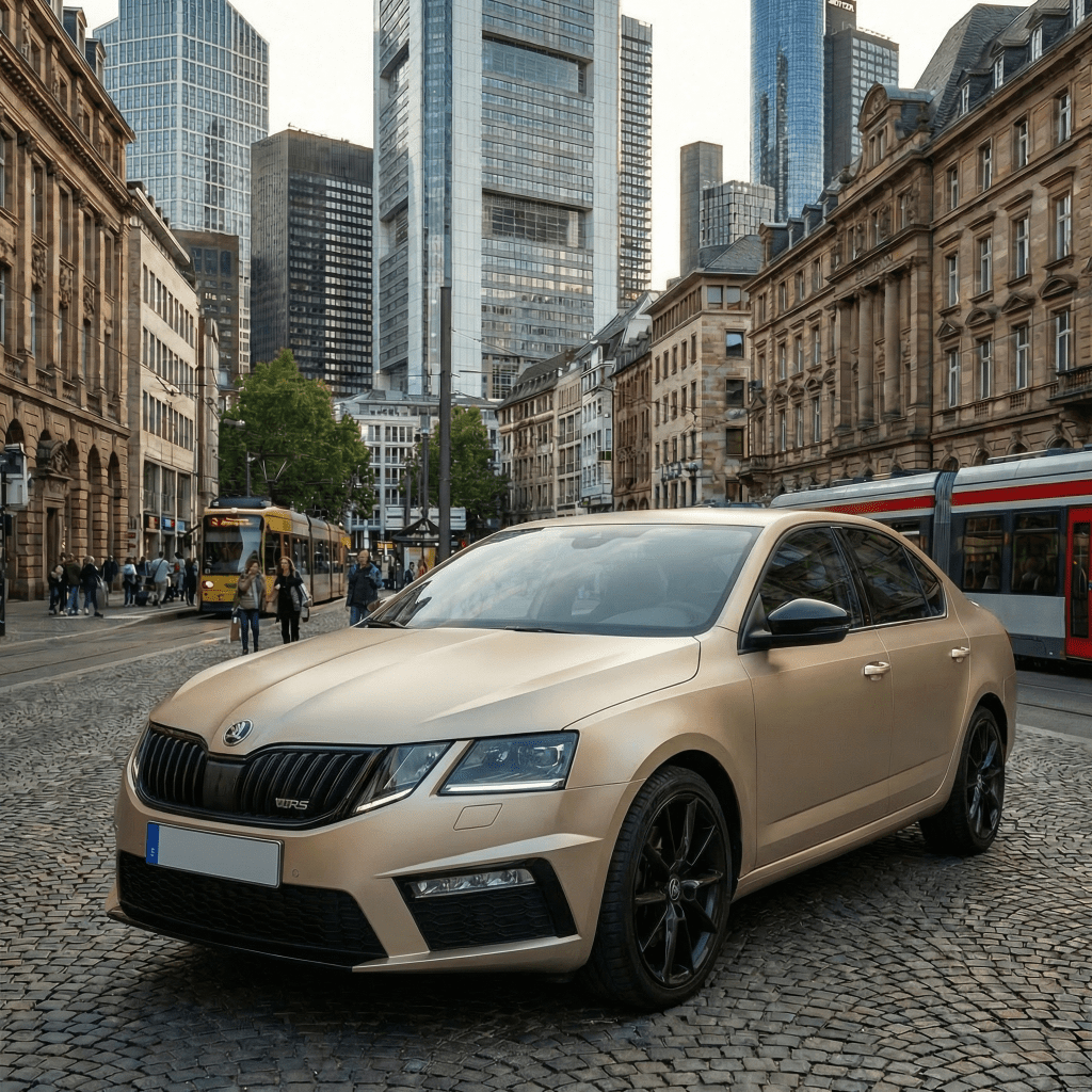 A Škoda sedan in Satin Twilight Gold, protected by Satin Twilight Gold SelfRepair Nano-Coated PPF, stands on a cobblestone street in a European city surrounded by historic and modern buildings with public transport passing by.