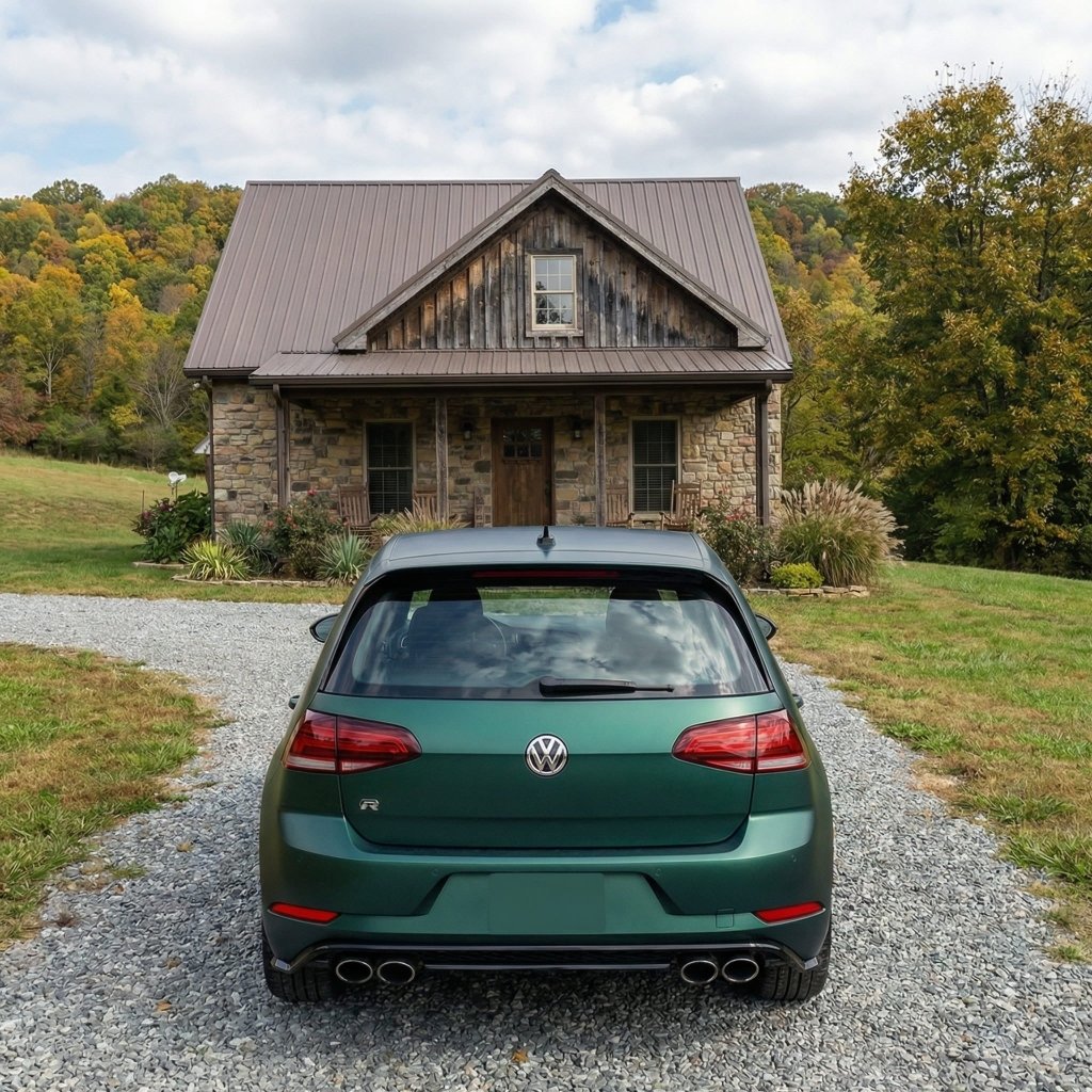 A Volkswagen hatchback wrapped in Satin Venom Green SelfRepair Nano-Coated PPF is parked on a gravel driveway next to a rustic stone house with a metal roof, surrounded by autumn trees.