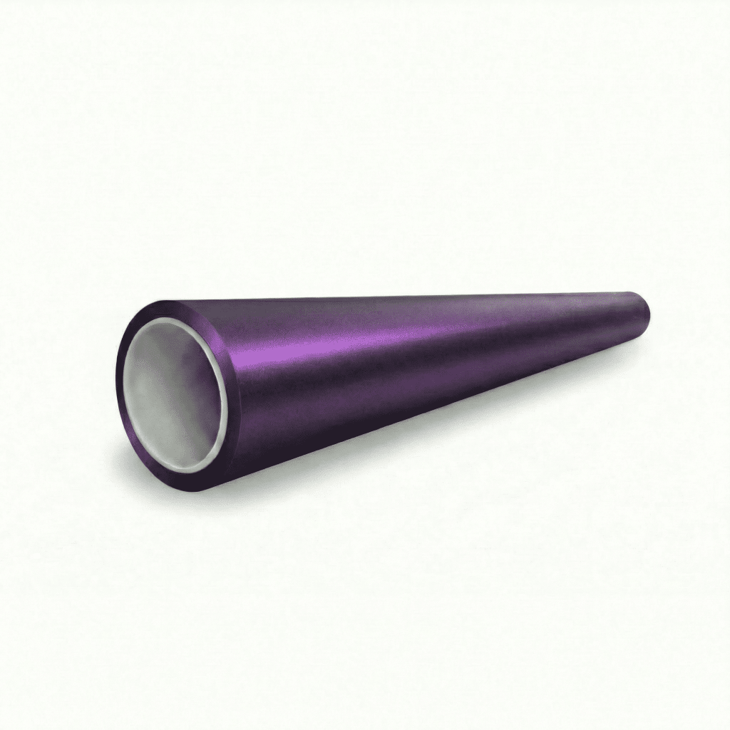 A Satin Black Pinot Purple SelfRepair Nano-Coated PPF, featuring a shiny metallic purple cone shape with a hollow center, rests on its side against a plain white background.