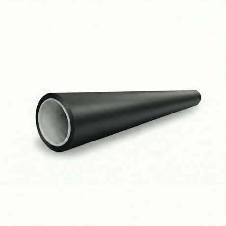 A Satin Stealth Black Matte cylindrical tube with a white inner lining lies diagonally on a white background. It is used for Satin Sealth Black SelfRepair Nano-Coated PPF and is wider at the front, narrowing toward the back.