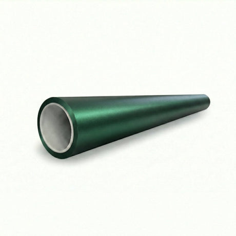 A green, metallic, hollow cylindrical tube with a flared end rests on a white background—its finish resembles Deep Emerald Satin Self-Healing Nano-Coated PPF, offering advanced paint protection and scratch resistance.