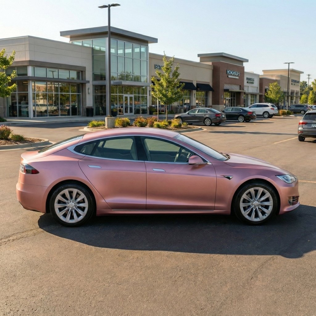 A pink Tesla sedan wrapped in Satin Rose Gold SelfRepair Nano-Coated PPF is parked in a shopping center lot on a sunny day, with storefronts and other cars in the background.