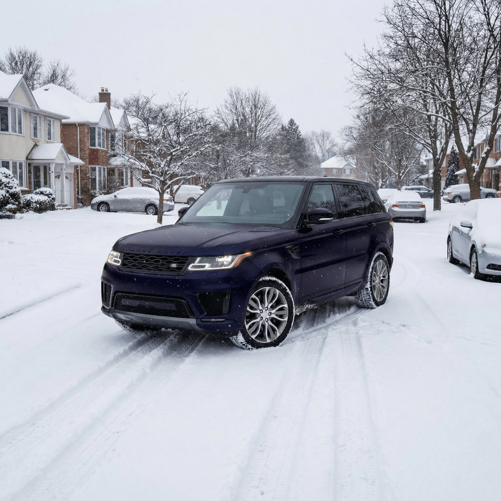 A dark SUV with Satin Midnight Steel SelfRepair Nano-Coated PPF glides down a snow-covered suburban street, bordered by houses, parked cars, and bare trees on a wintry day.