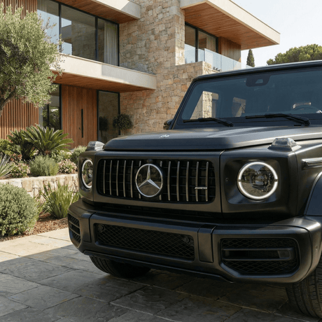A black Mercedes-Benz SUV with Satin Sealth Black SelfRepair Nano-Coated PPF is parked on a stone driveway in front of a modern house featuring large windows, stone walls, and lush landscaping.