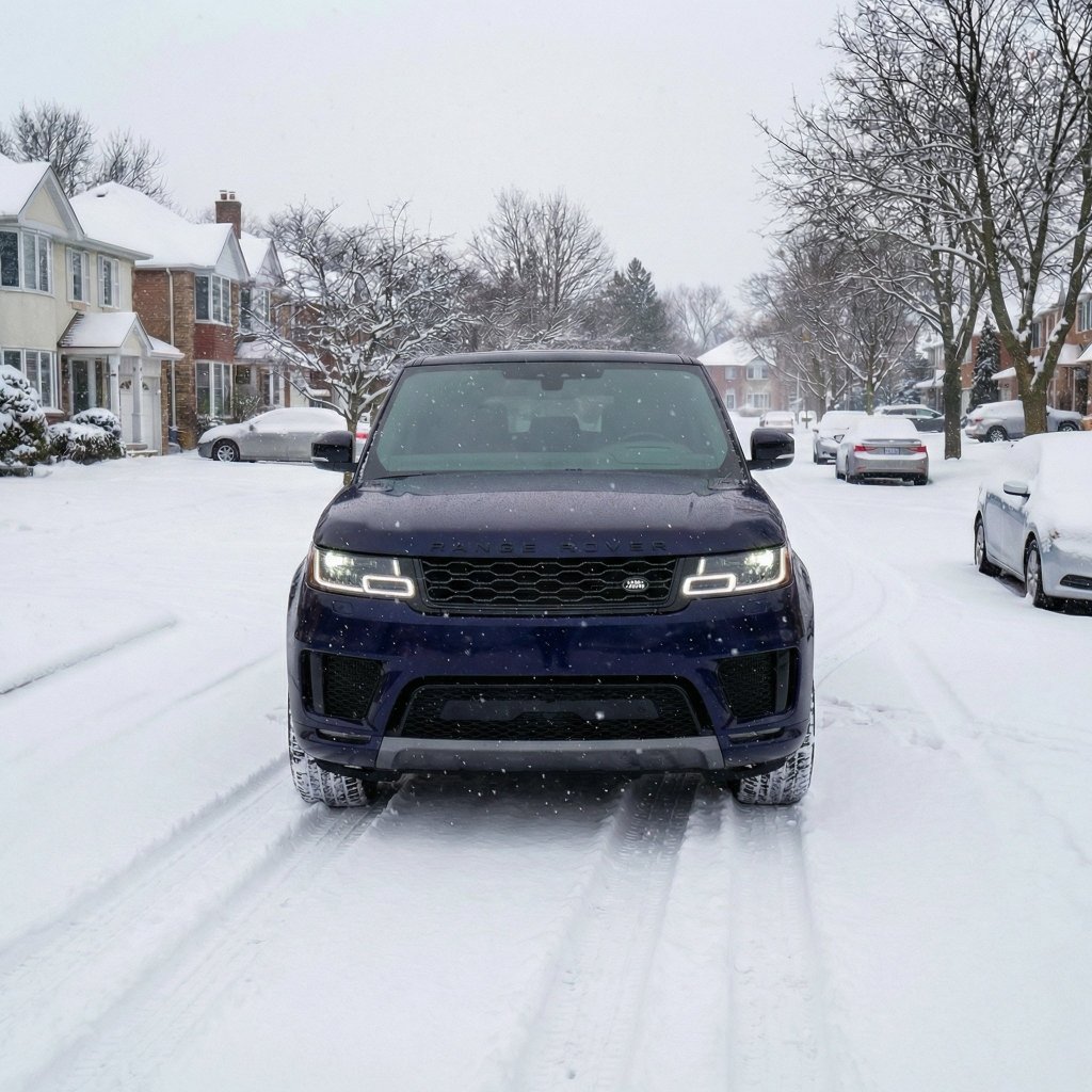 A black SUV with headlights on, protected by Satin Midnight Steel SelfRepair Nano-Coated PPF, is parked on a snowy residential street with houses and trees on both sides under a cloudy winter sky.
