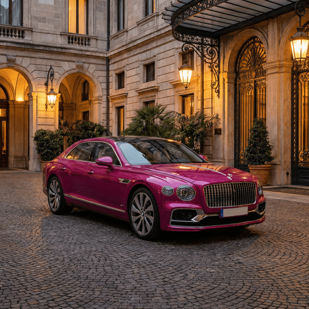 A luxury sedan in bright Gem Red Glossy SelfRepair Nano-Coated PPF is parked on a cobblestone driveway before an elegant historic building with tall windows, ornate doors, and glowing lanterns.