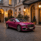 A luxury sedan in bright Gem Red Glossy SelfRepair Nano-Coated PPF is parked on a cobblestone driveway before an elegant historic building with tall windows, ornate doors, and glowing lanterns.
