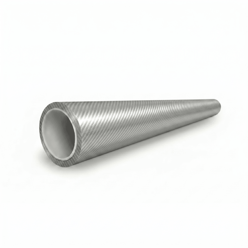 A Liquid Metallic Aluminium Carbon Fiber Self-Healing Nano-Coated PPF tube, gray and cylindrical with a textured, hollow form, lies on a white background. It showcases a metallic carbon fiber finish with visible diagonal surface patterns.