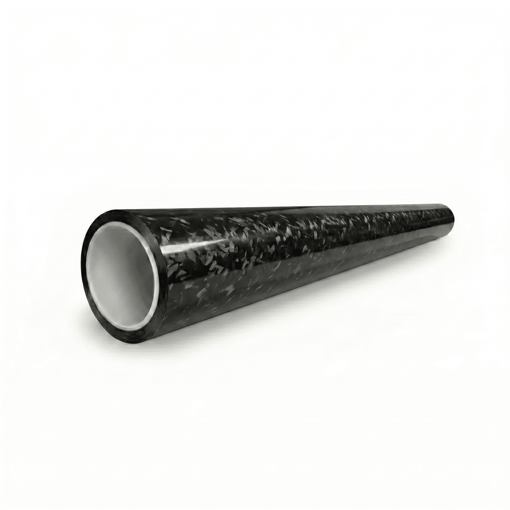 A Forged Carbon Graphite Self-Healing Nano-Coated PPF tube with a glossy, carbon-patterned black finish. The hollow cylindrical tube tapers slightly on a white surface, its open end facing the viewer.