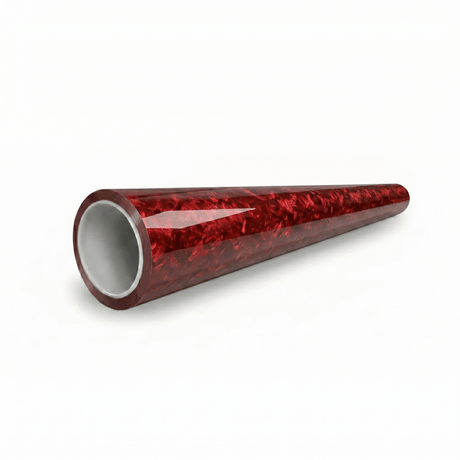 A shiny, cylindrical Red Forged Carbon Graphite Self-Healing Nano-Coated PPF tube with a marbled red pattern on the outside and a smooth gray interior, displayed against a white background.
