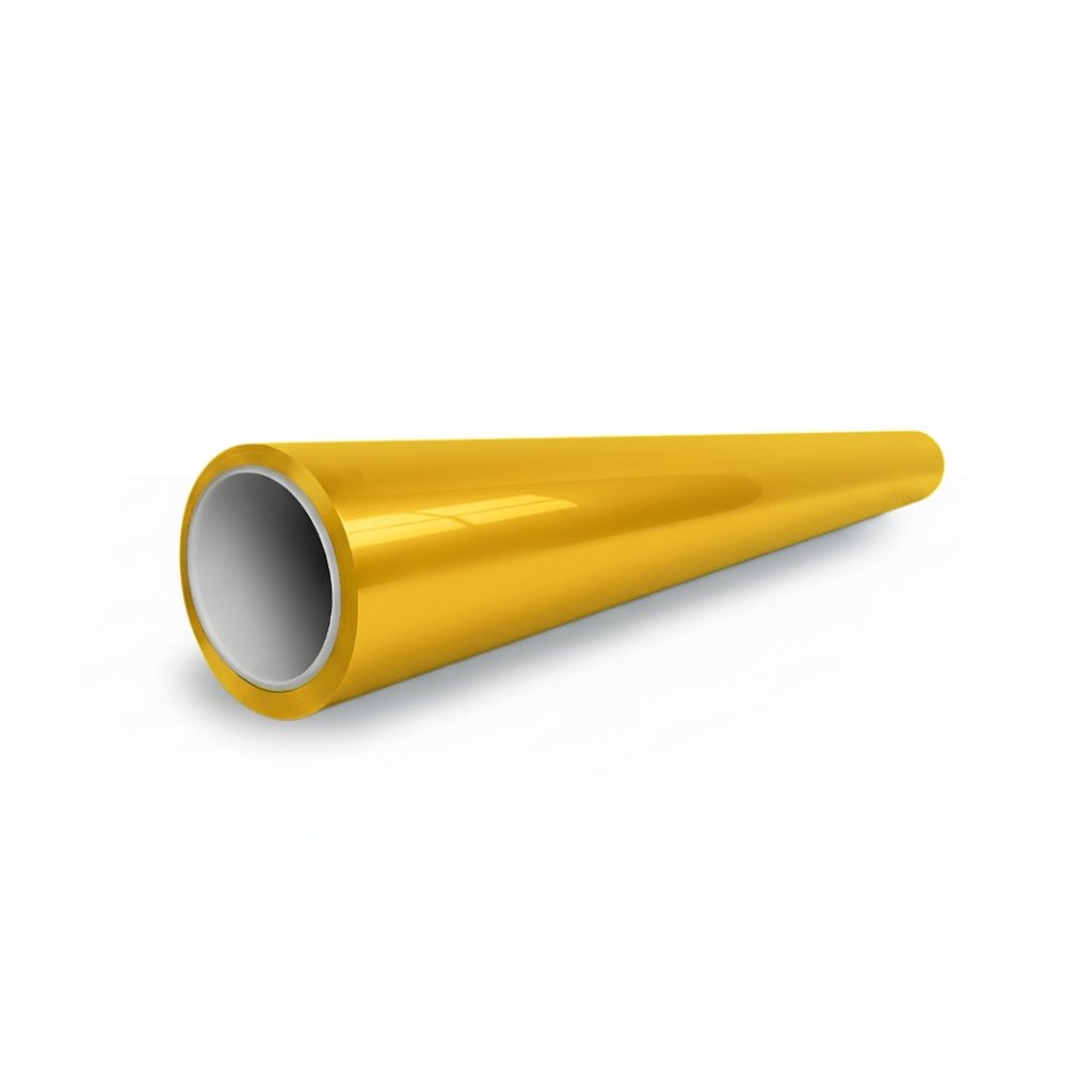 A shiny yellow plastic megaphone, echoing the look of Amber Yellow Glossy SelfRepair Nano-Coated PPF, rests on its side against a plain white background.