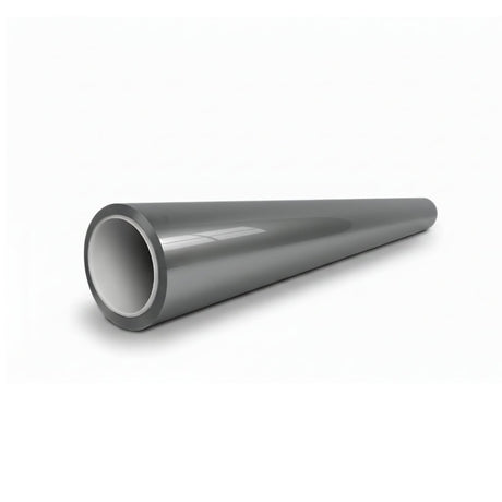 A shiny, gray, tapered metal pipe lies on a white surface, its wide end facing forward—its sleek finish reminiscent of Audi Nardo Gray Glossy SelfRepair Nano-Coated PPF for added protection.