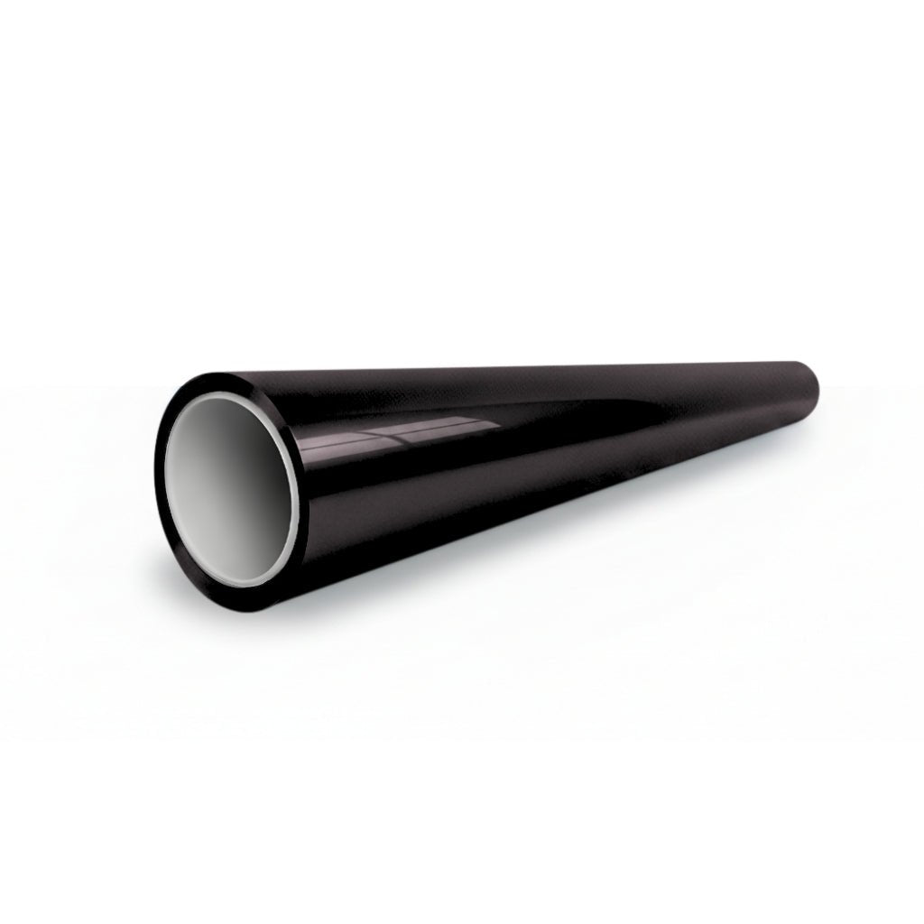 A Black Glossy SelfRepair Nano-Coated PPF pipe with a white inner lining is displayed on a white surface, its open end facing the viewer to showcase the protective effect of the nano-coated film.