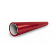 A shiny Deep Red Glossy SelfRepair Nano-Coated PPF pipe with a hollow cylindrical shape lies on a white surface, viewed at an angle that highlights its sleek look and protective qualities similar to ochranná fólia na auto.